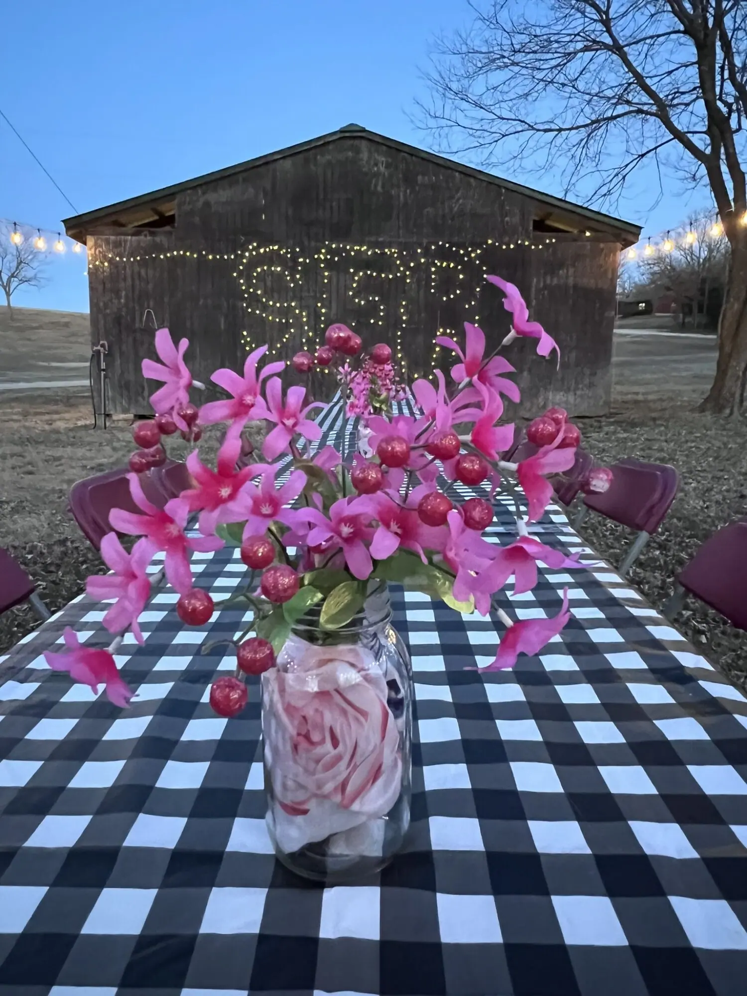 Festive outdoor table with floral centerpiece and lights.