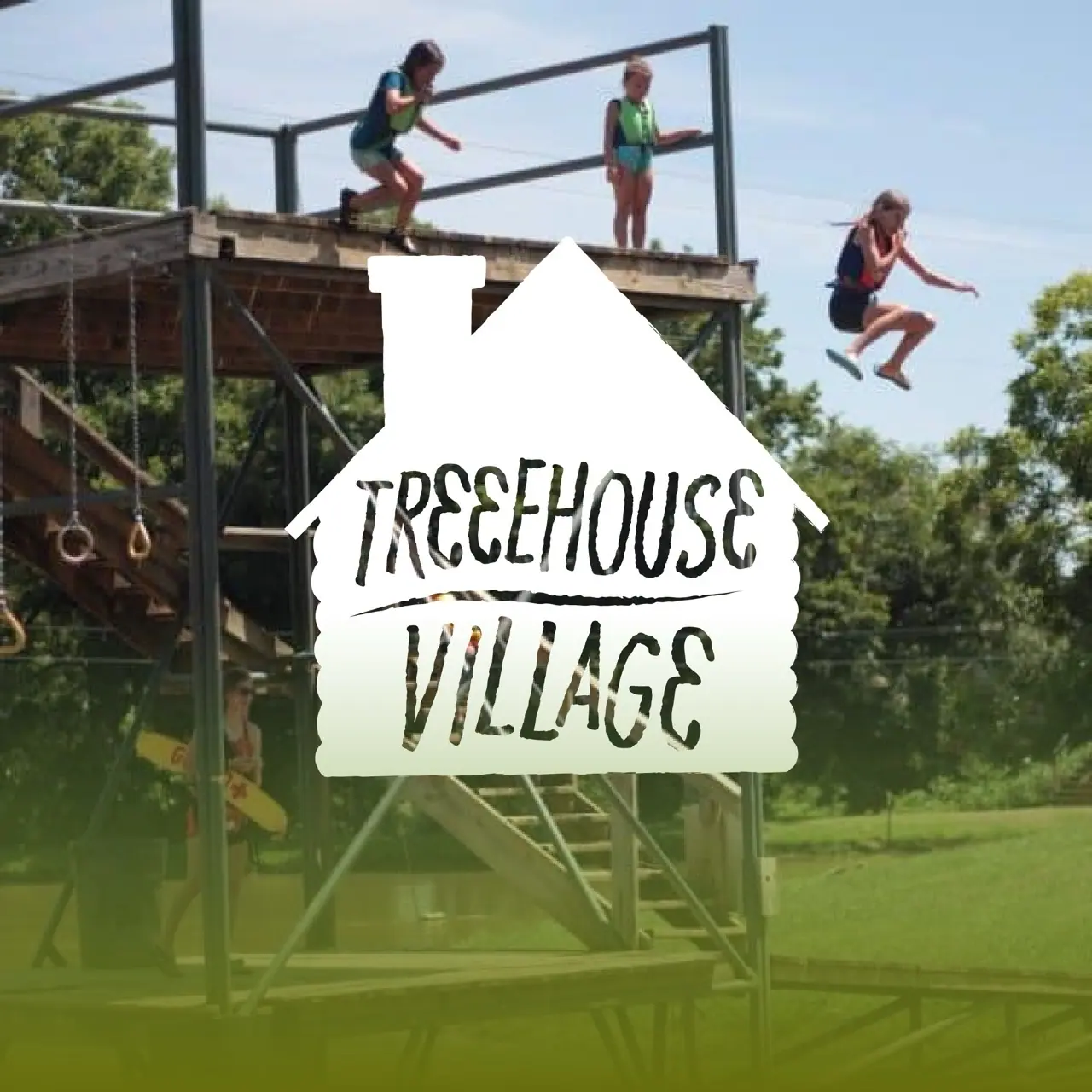 Children jumping off a launch pad. Cabin image with Treehouse Village title.